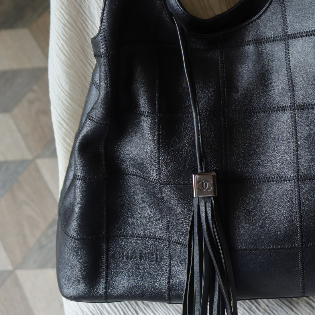 Chanel Vintage Black Square Stitching CC Tassel Hobo Tote Bag