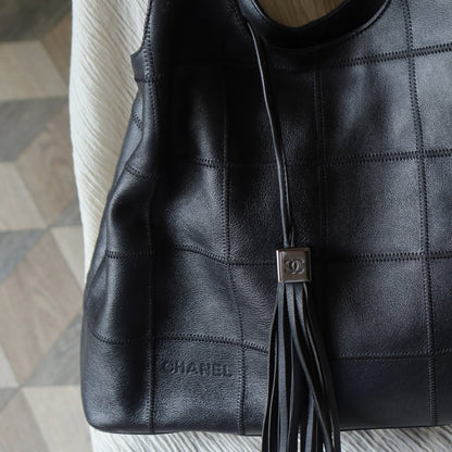 Chanel Vintage Black Square Stitching CC Tassel Hobo Tote Bag