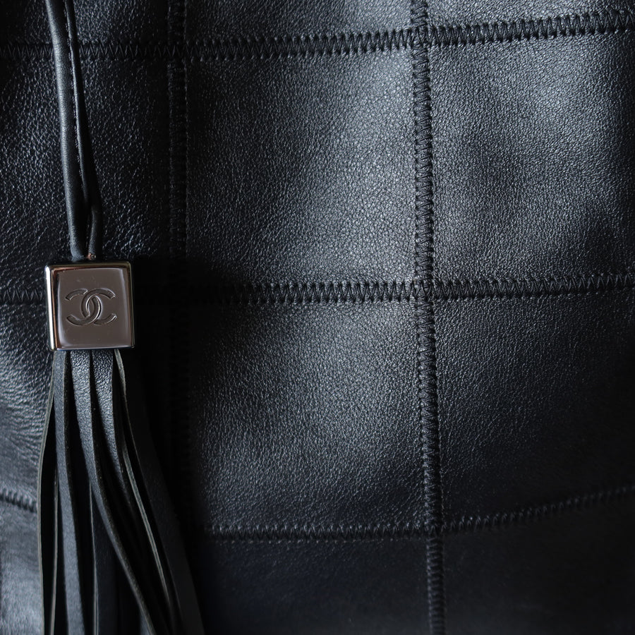 Chanel Vintage Black Square Stitching CC Tassel Hobo Tote Bag