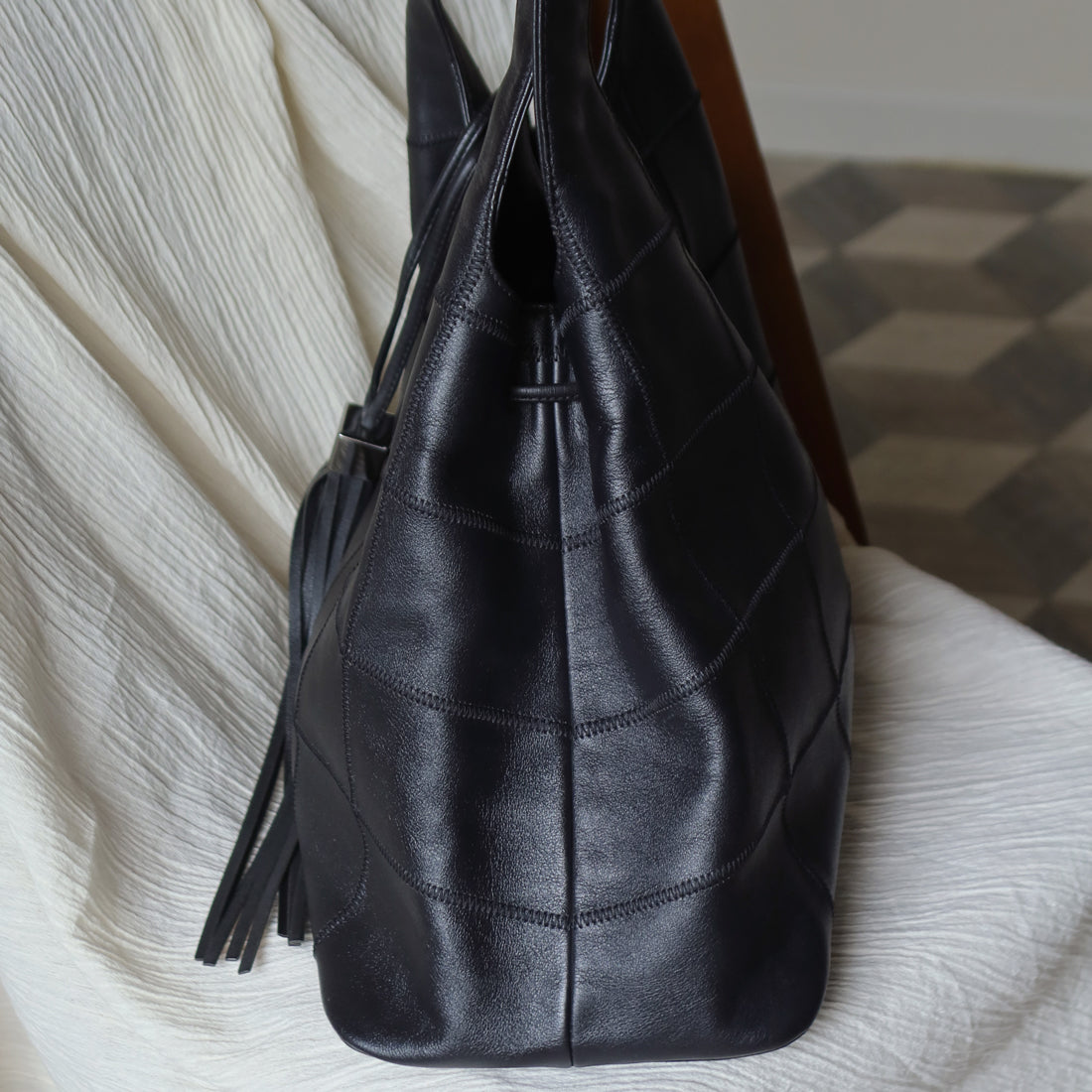 Chanel Vintage Black Square Stitching CC Tassel Hobo Tote Bag