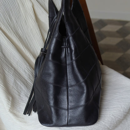 Chanel Vintage Black Square Stitching CC Tassel Hobo Tote Bag