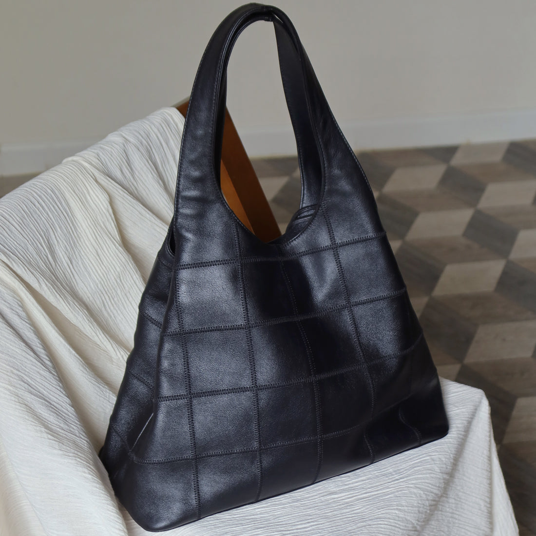 Chanel Vintage Black Square Stitching CC Tassel Hobo Tote Bag