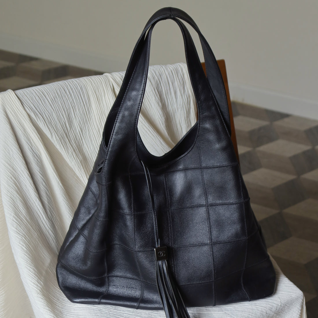 Chanel Vintage Black Square Stitching CC Tassel Hobo Tote Bag