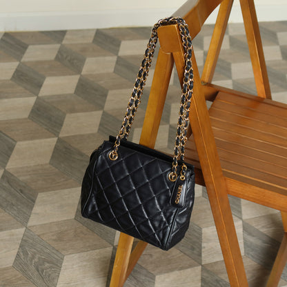 Chanel Vintage Black Lambskin Diamond Quilted Zipper charm CC Double Chain Bag