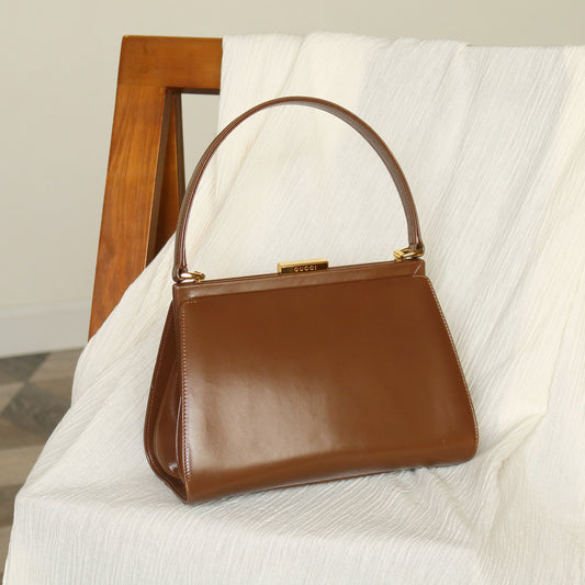 Gucci Vintage Caramel Brown Leather Gold Logo Kiss lock Top Handle Bag