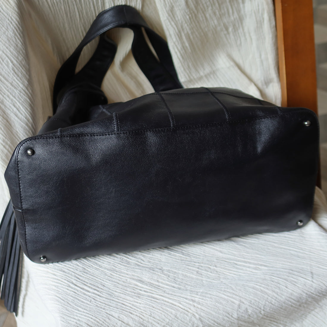Chanel Vintage Black Square Stitching CC Tassel Hobo Tote Bag