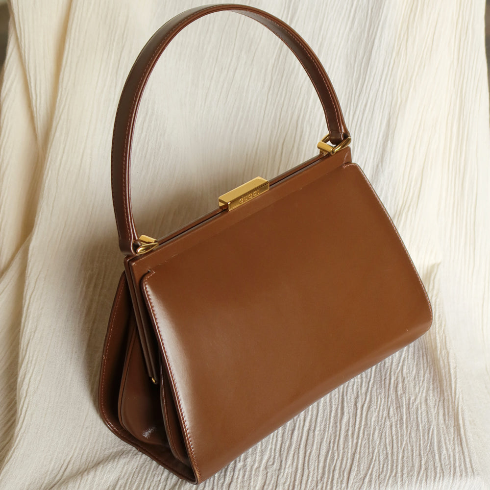 Gucci Vintage Caramel Brown Leather Gold Logo Kiss lock Top Handle Bag