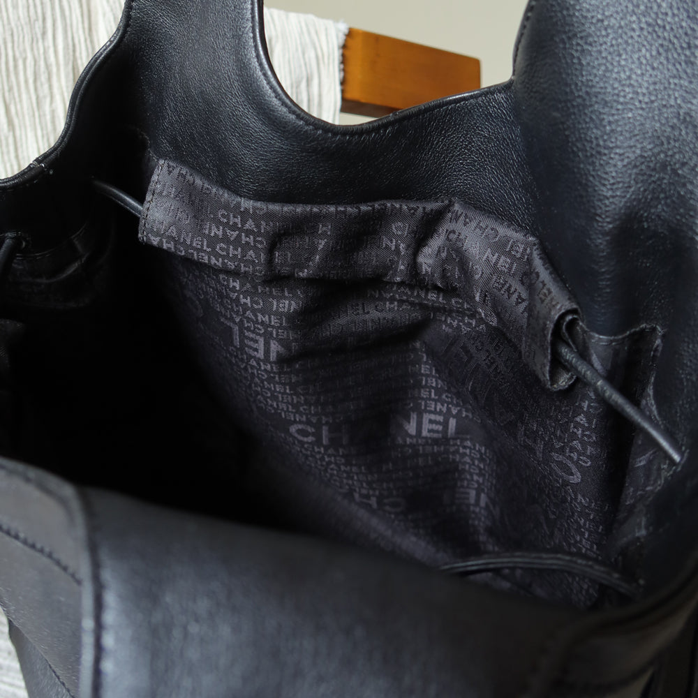 Chanel Vintage Black Square Stitching CC Tassel Hobo Tote Bag