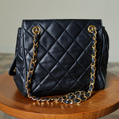 Chanel Vintage Black Lambskin Diamond Quilted Zipper charm CC Double Chain Bag