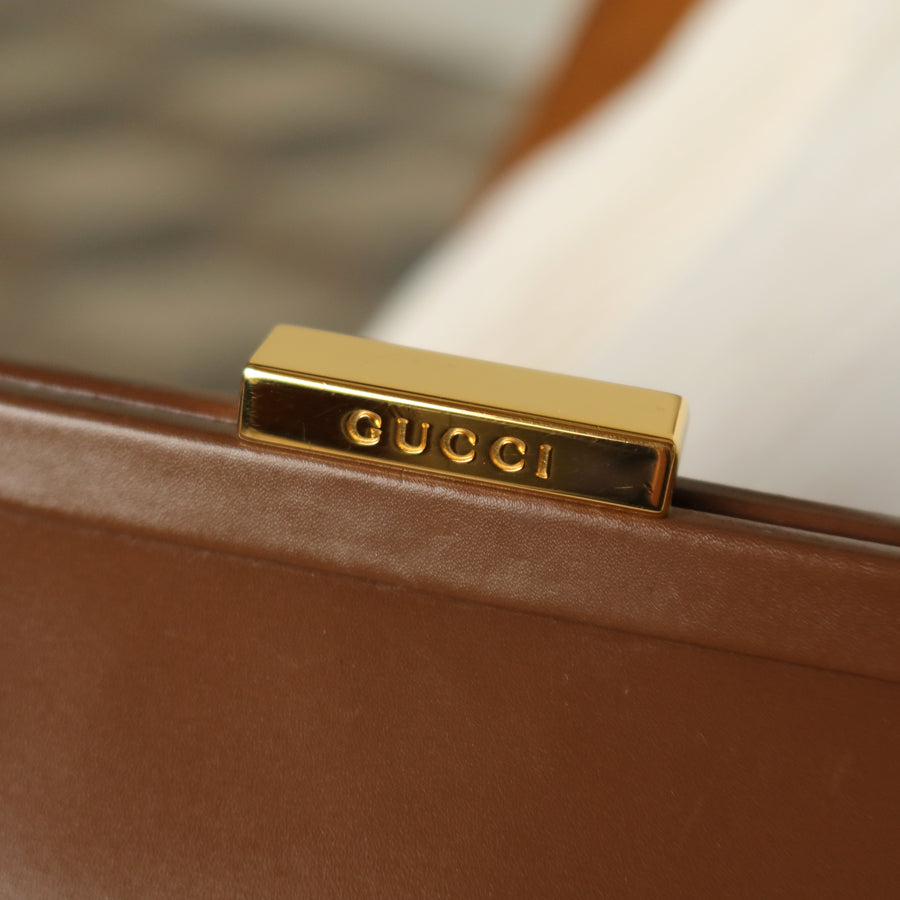 Gucci Vintage Caramel Brown Leather Gold Logo Kiss lock Top Handle Bag