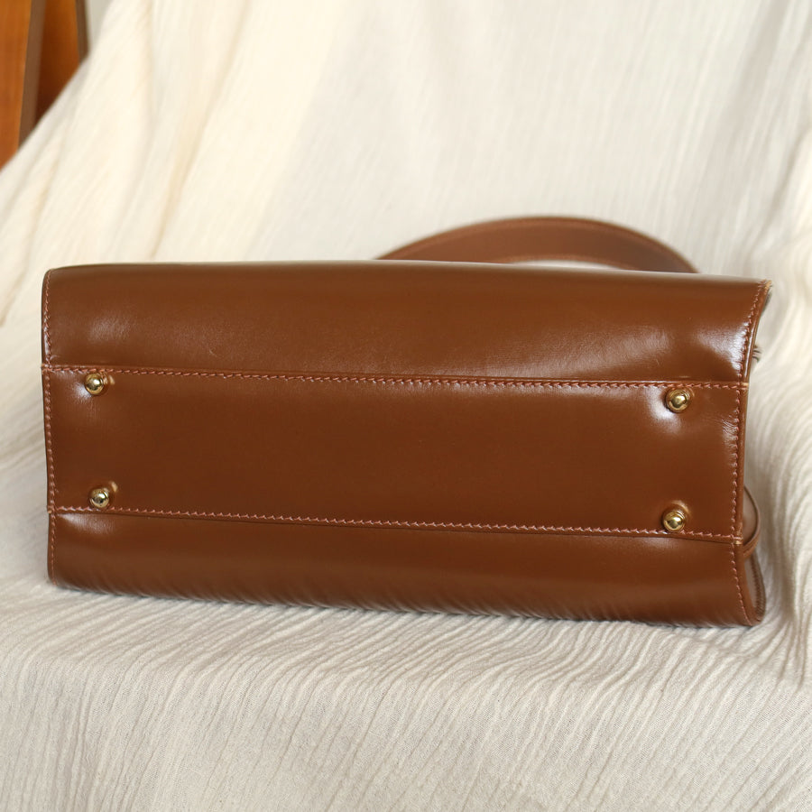 Gucci Vintage Caramel Brown Leather Gold Logo Kiss lock Top Handle Bag