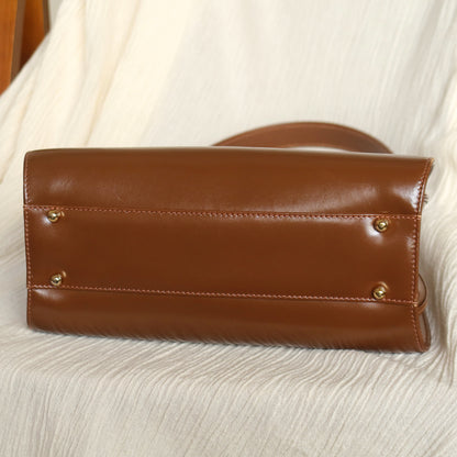 Gucci Vintage Caramel Brown Leather Gold Logo Kiss lock Top Handle Bag