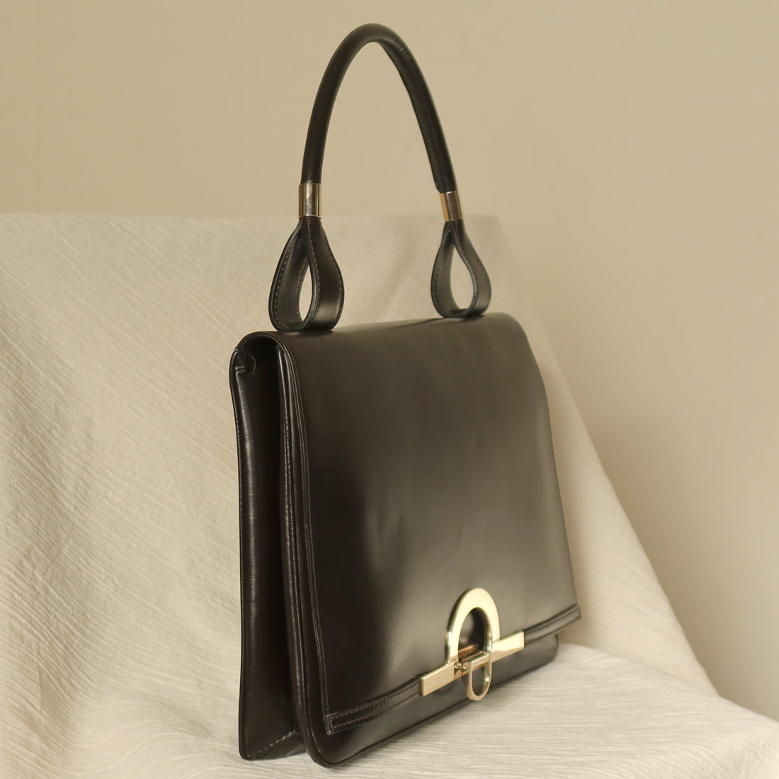 Loewe Vintage Dark Brown Leather Gancini Large Shoulder Flap Bag