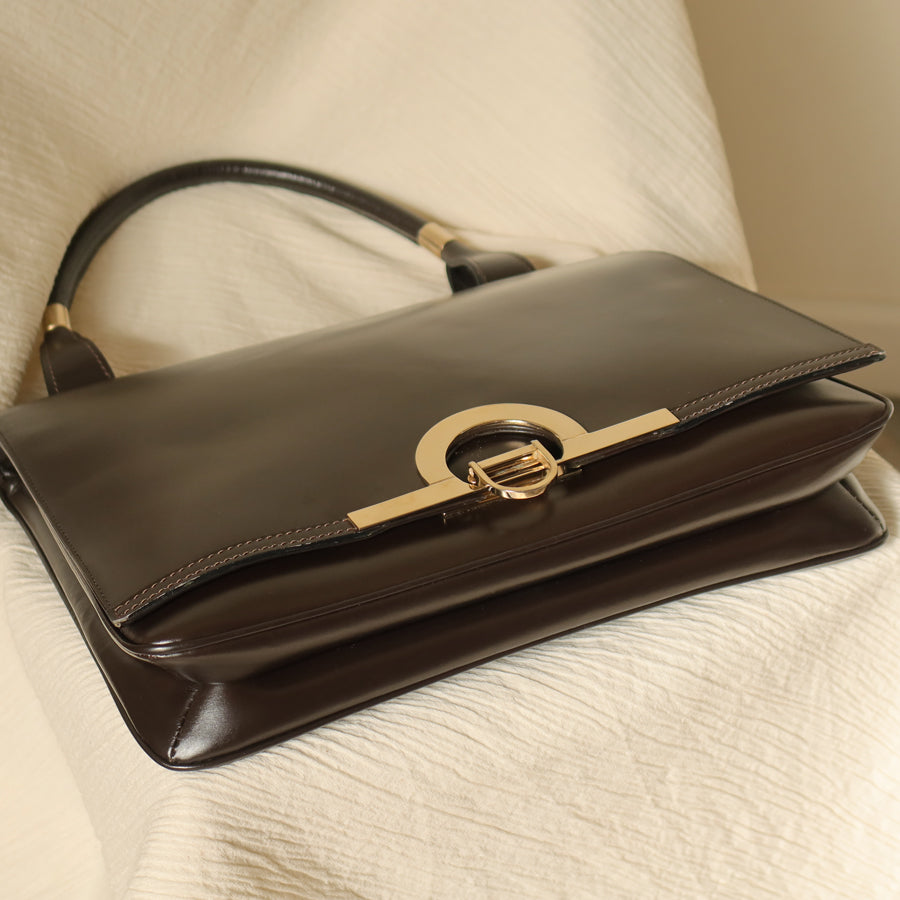 Loewe Vintage Dark Brown Leather Gancini Large Shoulder Flap Bag