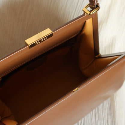 Gucci Vintage Caramel Brown Leather Gold Logo Kiss lock Top Handle Bag