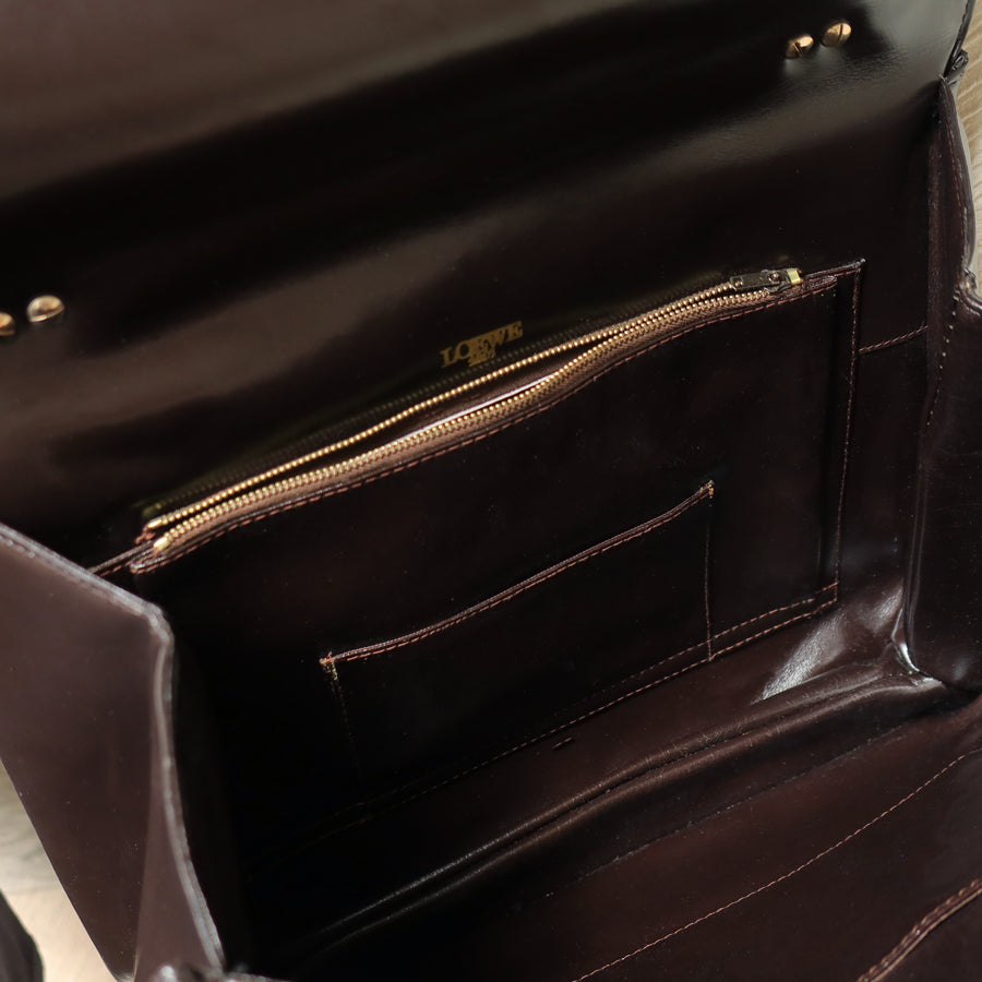 Loewe Vintage Dark Brown Leather Gancini Large Shoulder Flap Bag