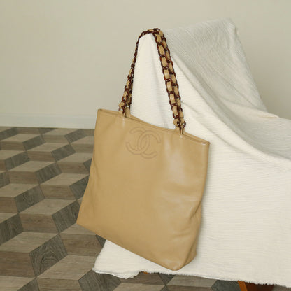 Chanel Vintage Beige Caviar Leather Tortoise shell Chain Shoulder Tote Bag M