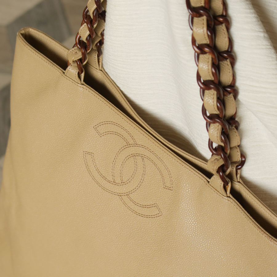 Chanel Vintage Beige Caviar Leather Tortoise shell Chain Shoulder Tote Bag M