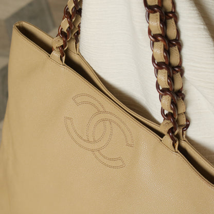 Chanel Vintage Beige Caviar Leather Tortoise shell Chain Shoulder Tote Bag M