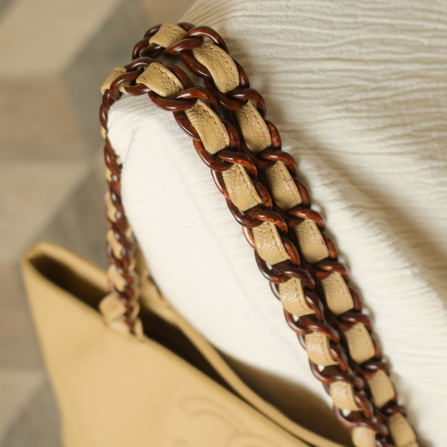 Chanel Vintage Beige Caviar Leather Tortoise shell Chain Shoulder Tote Bag M