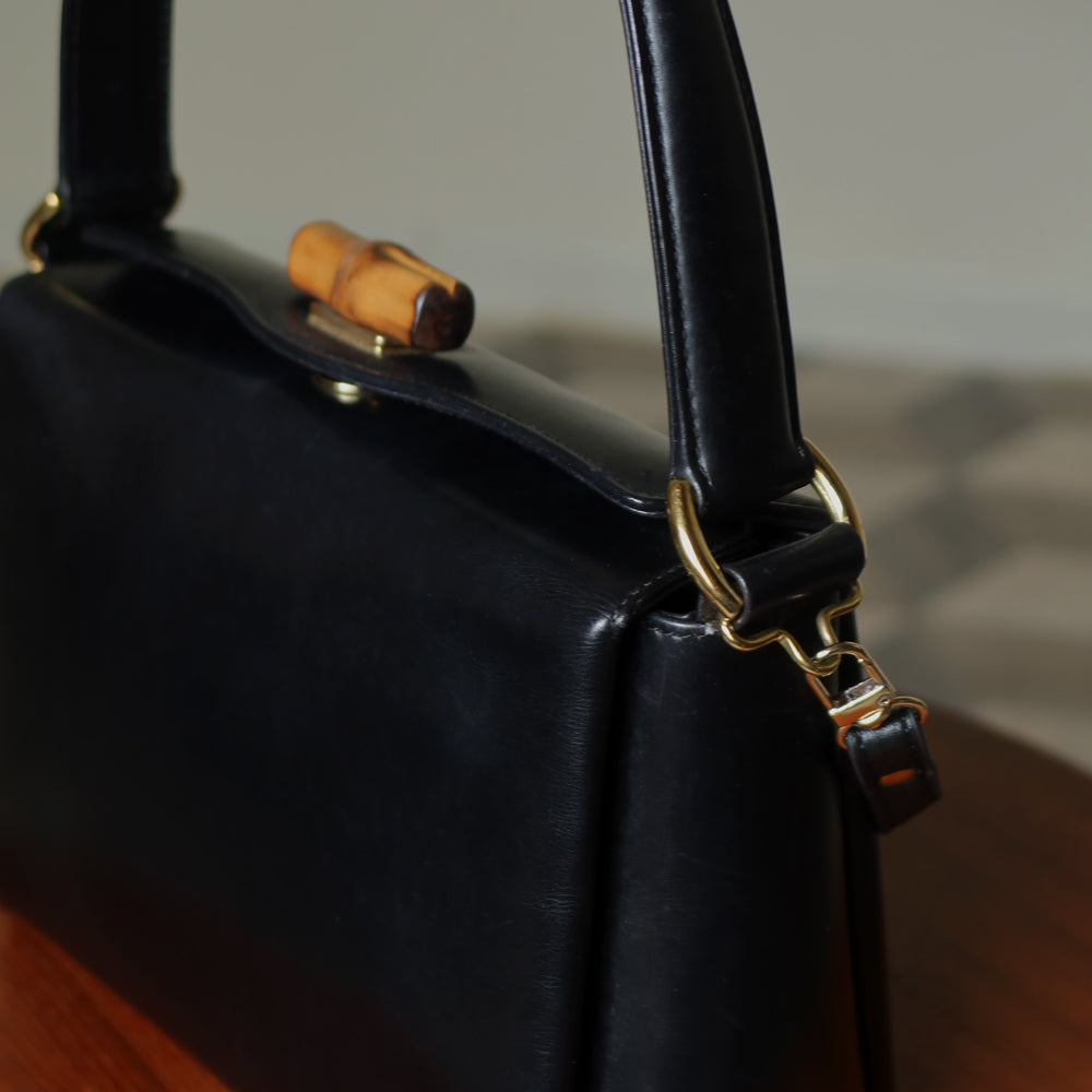 Gucci Vintage Black Leather Bamboo Clasp Turnlock 2 way Bag