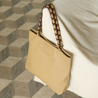 Chanel Vintage Beige Caviar Leather Tortoise shell Chain Shoulder Tote Bag M