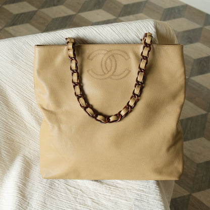 Chanel Vintage Beige Caviar Leather Tortoise shell Chain Shoulder Tote Bag M