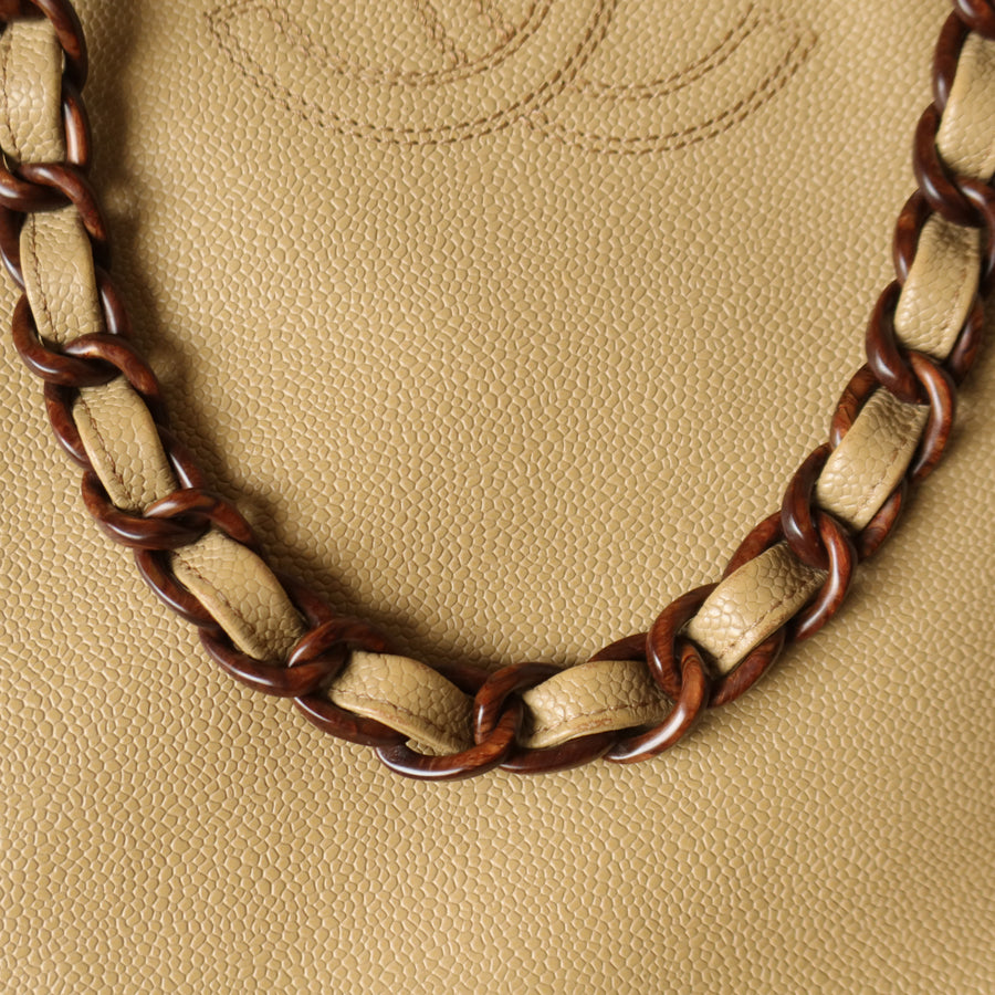Chanel Vintage Beige Caviar Leather Tortoise shell Chain Shoulder Tote Bag M