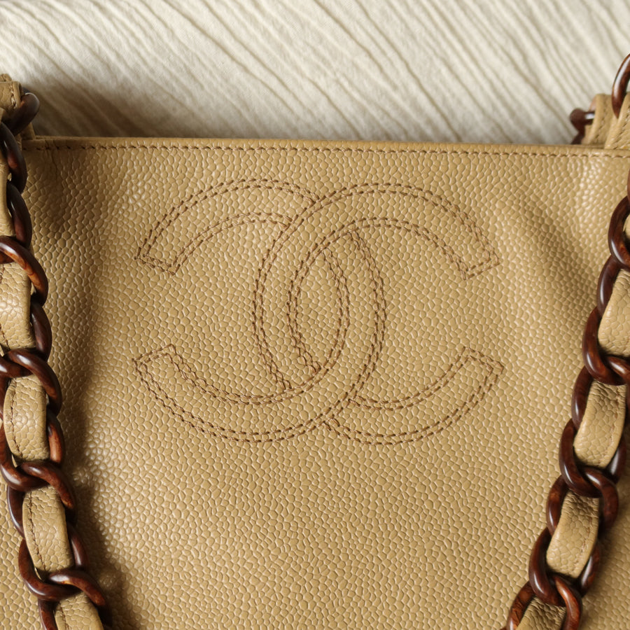 Chanel Vintage Beige Caviar Leather Tortoise shell Chain Shoulder Tote Bag M