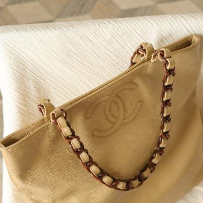 Chanel Vintage Beige Caviar Leather Tortoise shell Chain Shoulder Tote Bag M