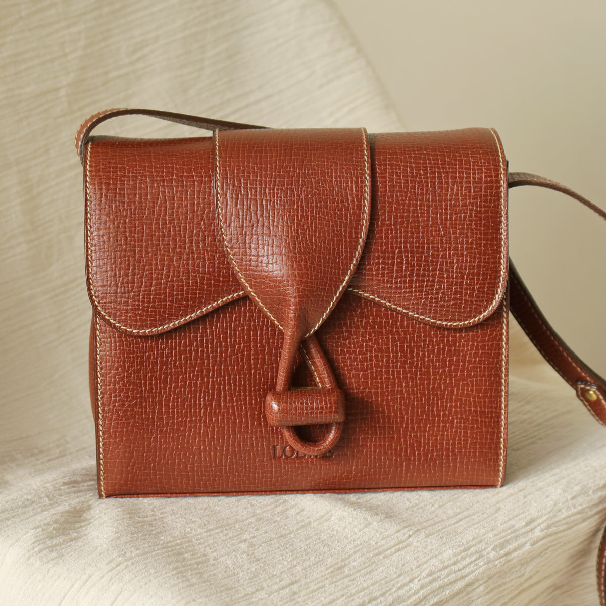 Loewe Vintage Brown Grained Leather Knot Turn lock Crossbody Bag
