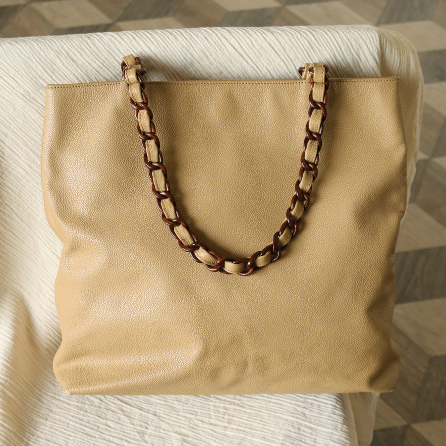 Chanel Vintage Beige Caviar Leather Tortoise shell Chain Shoulder Tote Bag M