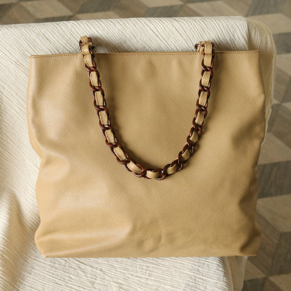 Chanel Vintage Beige Caviar Leather Tortoise shell Chain Shoulder Tote Bag M