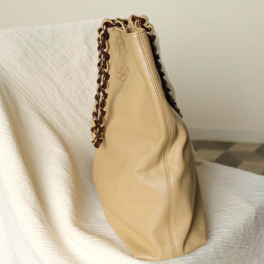 Chanel Vintage Beige Caviar Leather Tortoise shell Chain Shoulder Tote Bag M