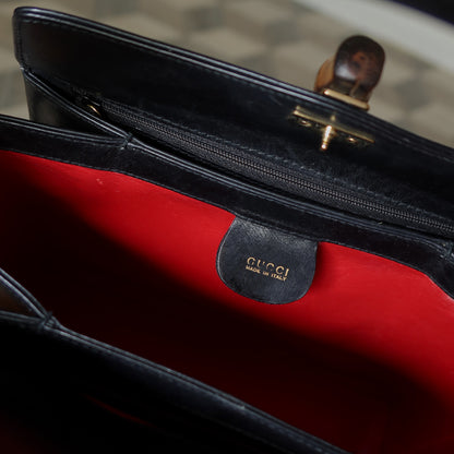 Gucci Vintage Black Leather Bamboo Clasp Turnlock 2 way Bag