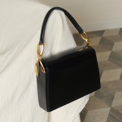 Celine Vintage Classic Black Box Calf Leather Gold Bow Shoulder Flap Bag