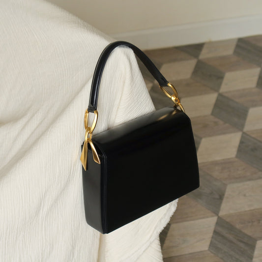 Celine Vintage Classic Black Box Calf Leather Gold Bow Shoulder Flap Bag