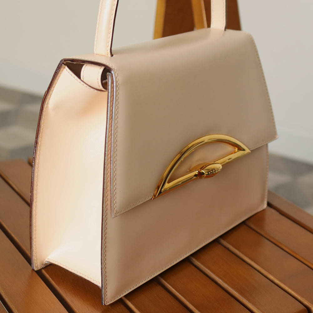 Celine Vintage Cream Ivory Leather Gold Turn lock 2way Flap Bag