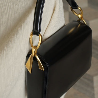 Celine Vintage Classic Black Box Calf Leather Gold Bow Shoulder Flap Bag