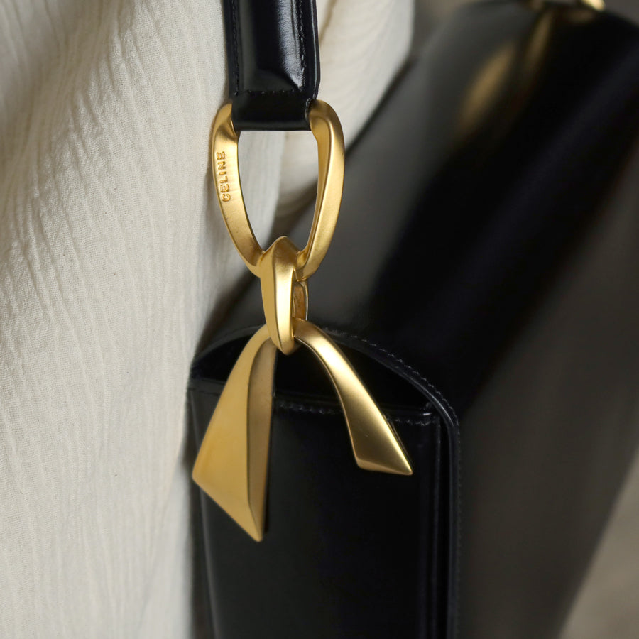 Celine Vintage Classic Black Box Calf Leather Gold Bow Shoulder Flap Bag