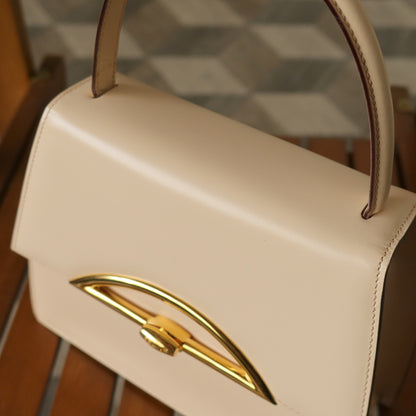 Celine Vintage Cream Ivory Leather Gold Turn lock 2way Flap Bag
