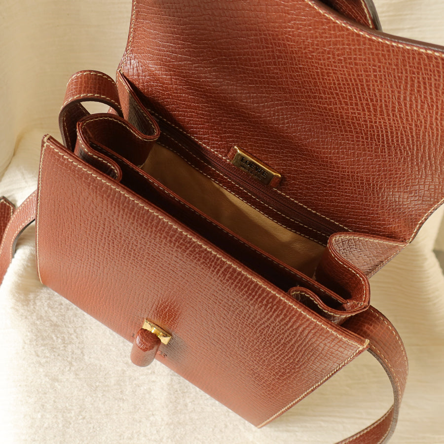 Loewe Vintage Brown Grained Leather Knot Turn lock Crossbody Bag