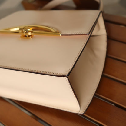 Celine Vintage Cream Ivory Leather Gold Turn lock 2way Flap Bag