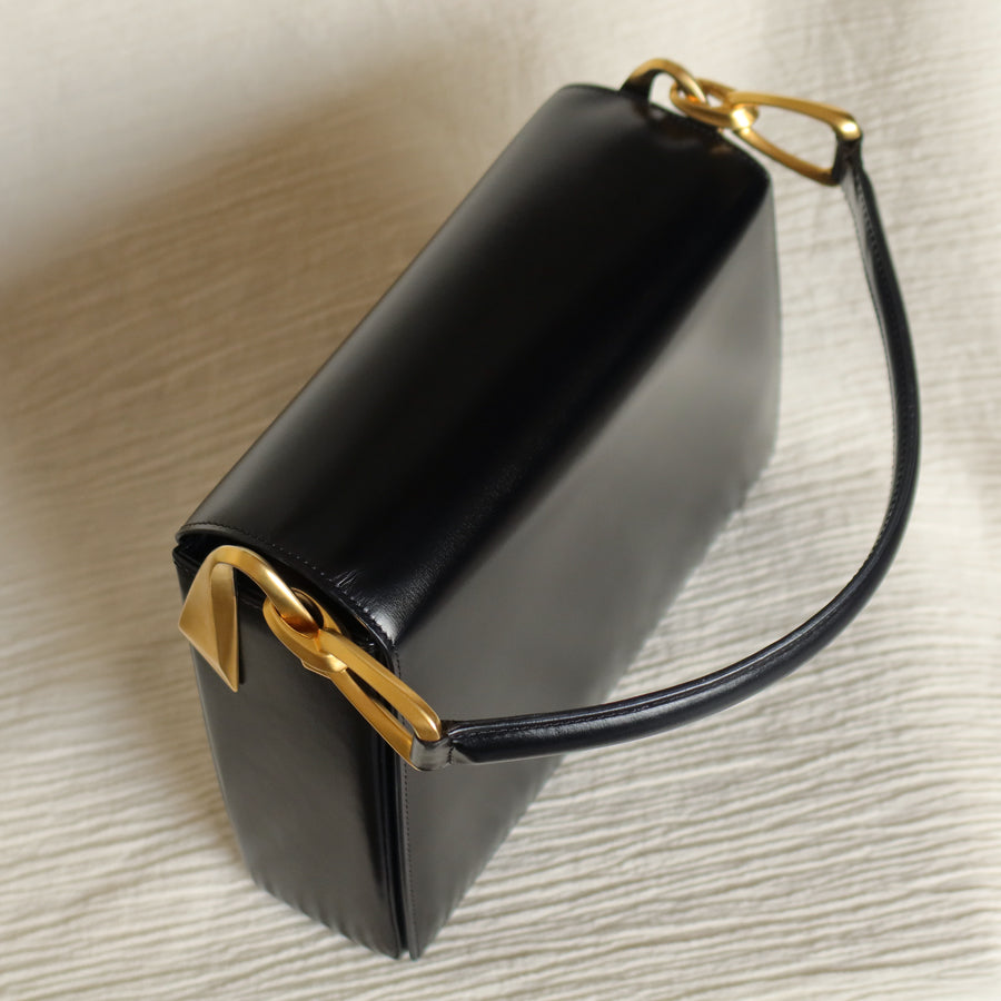 Celine Vintage Classic Black Box Calf Leather Gold Bow Shoulder Flap Bag