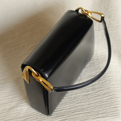 Celine Vintage Classic Black Box Calf Leather Gold Bow Shoulder Flap Bag