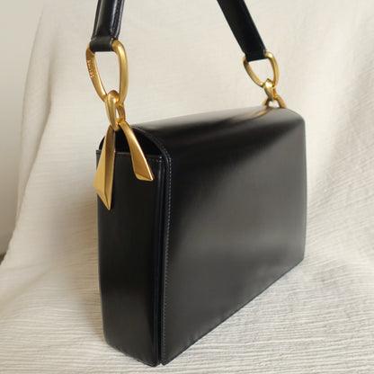 Celine Vintage Classic Black Box Calf Leather Gold Bow Shoulder Flap Bag