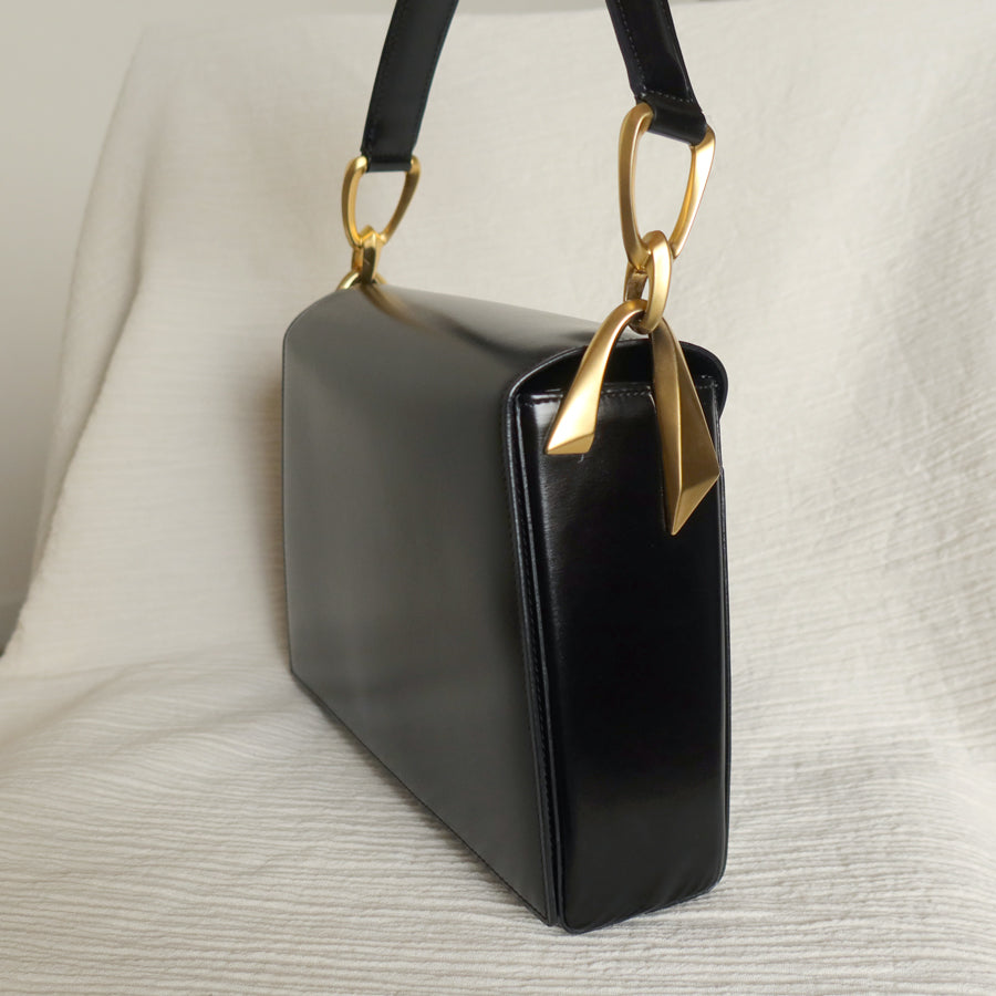 Celine Vintage Classic Black Box Calf Leather Gold Bow Shoulder Flap Bag