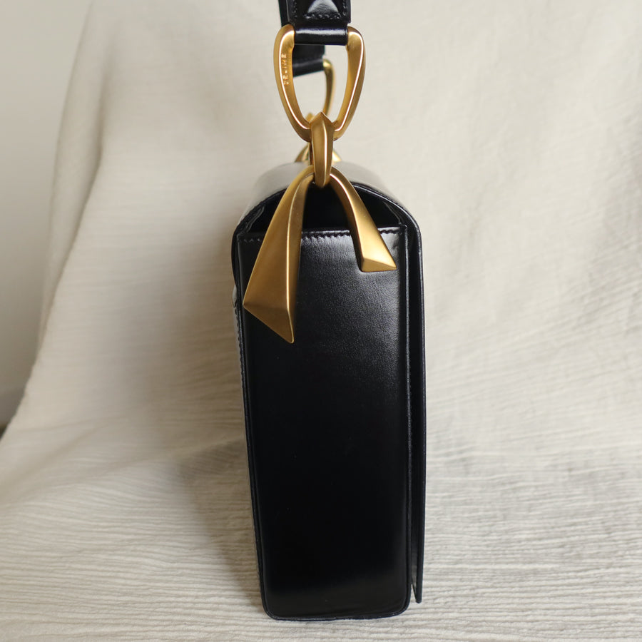 Celine Vintage Classic Black Box Calf Leather Gold Bow Shoulder Flap Bag