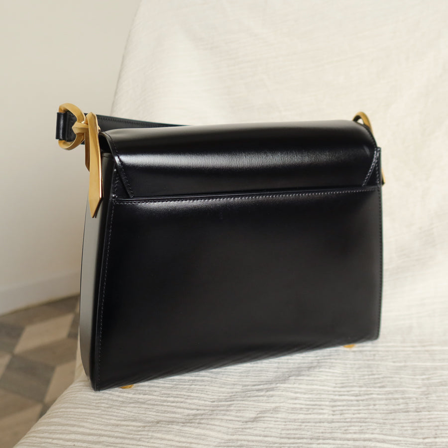 Celine Vintage Classic Black Box Calf Leather Gold Bow Shoulder Flap Bag