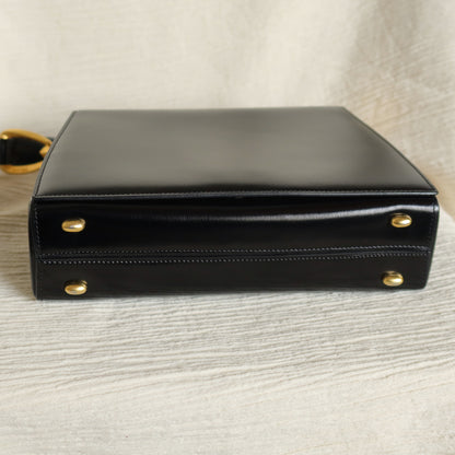 Celine Vintage Classic Black Box Calf Leather Gold Bow Shoulder Flap Bag